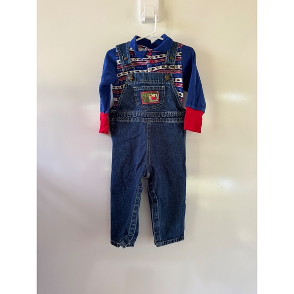 Mc Kids Other - Vintage Mc Kids Denim Overalls and Shirt Set 18 Months Camp Site 90s Blue Red